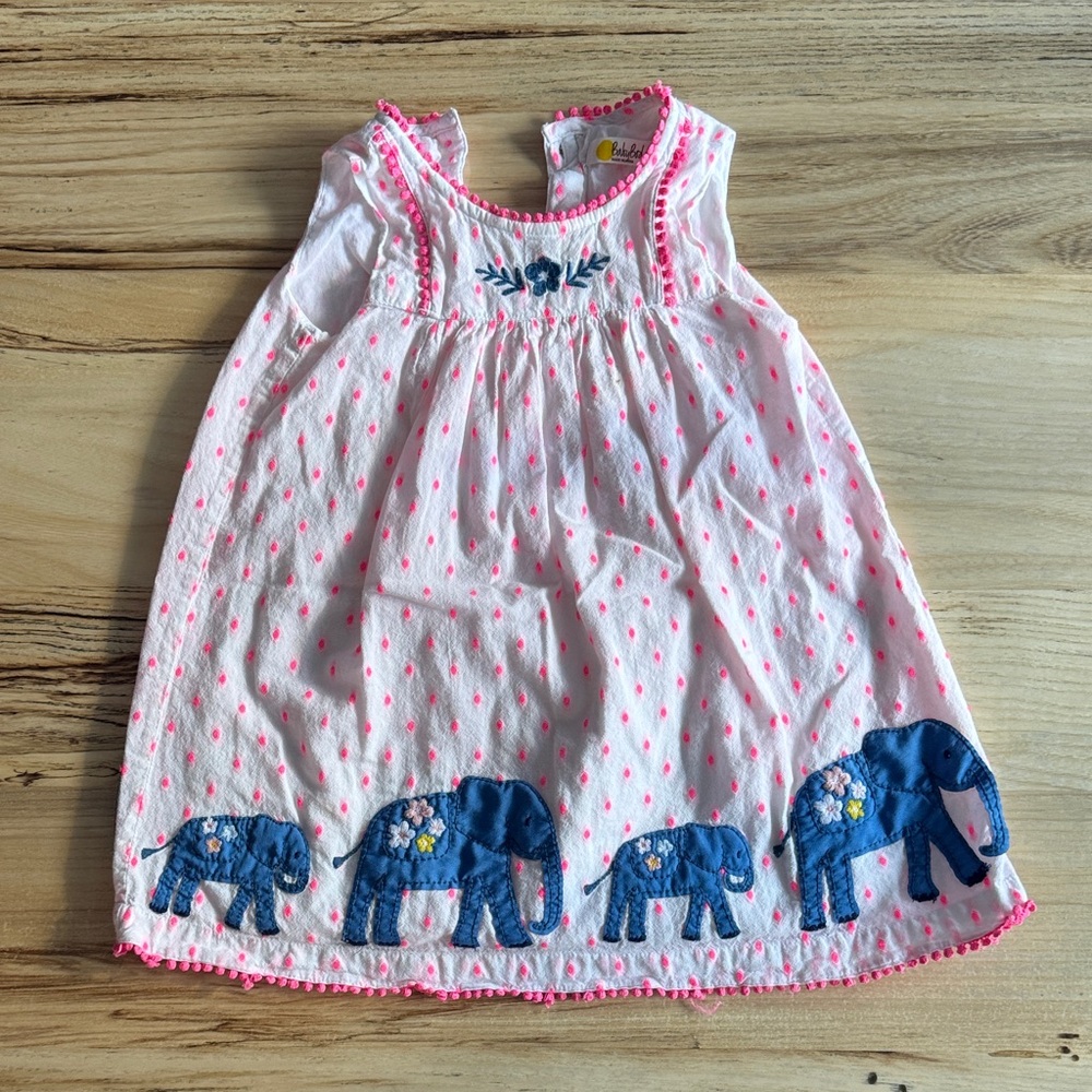 Baby Boden 12-18 Pink Dress with Blue Elephant Design